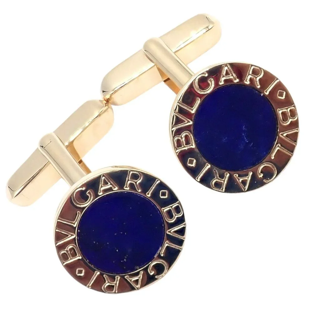 Authentic! Bvlgari Bulgari 18k Yellow Gold Lapis Lazuli Cufflinks